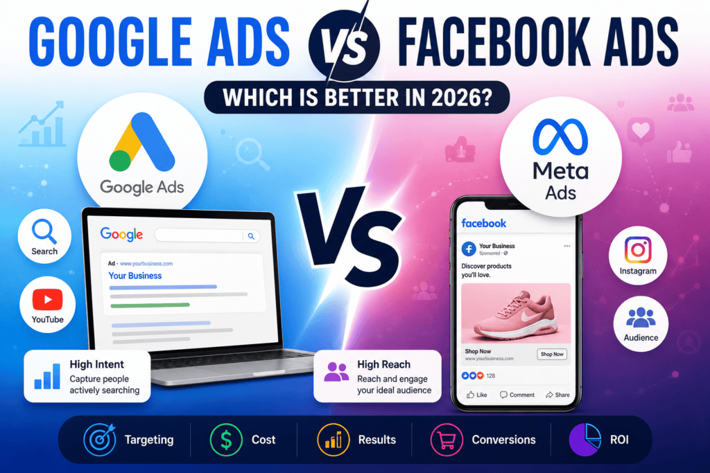 Google Ads vs Facebook Ads comparison chart for business owners in 2026