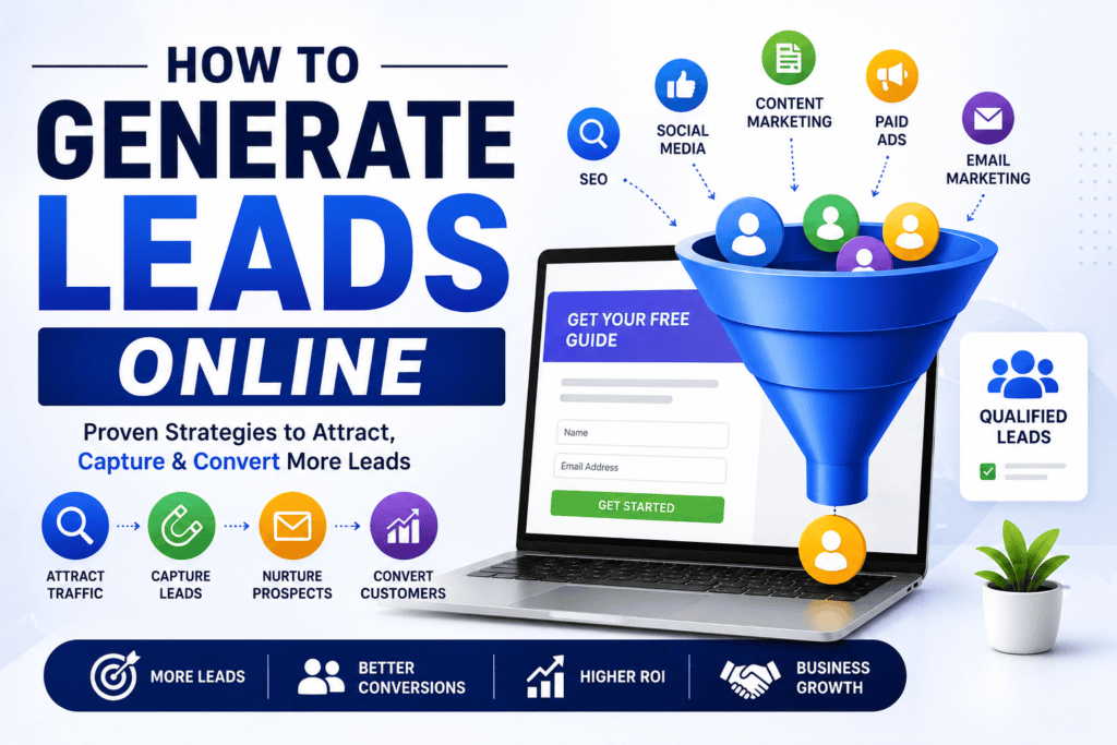 How to generate leads online in 2026 — digital marketing strategy illustration"