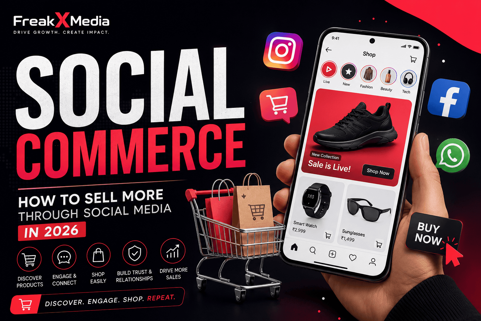 Social Commerce shown on a phone with shopping and chat icons