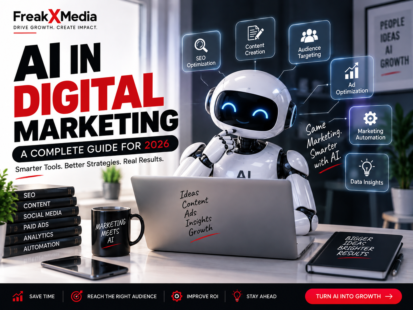 AI in digital marketing dashboard on a laptop and smartphone showing SEO, ads, and analytics