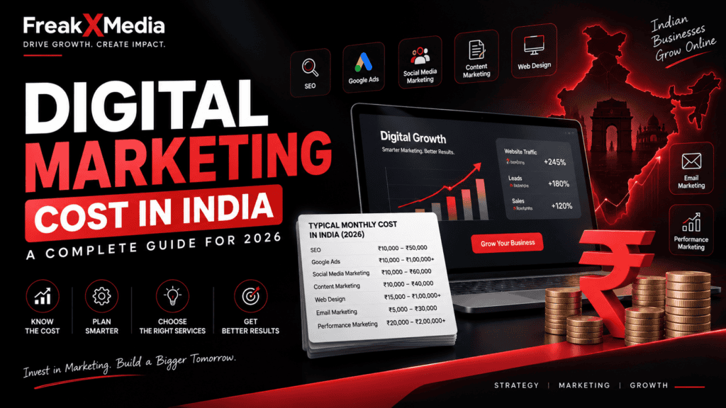 Digital Marketing Cost in India 2026 pricing dashboard with growth chart