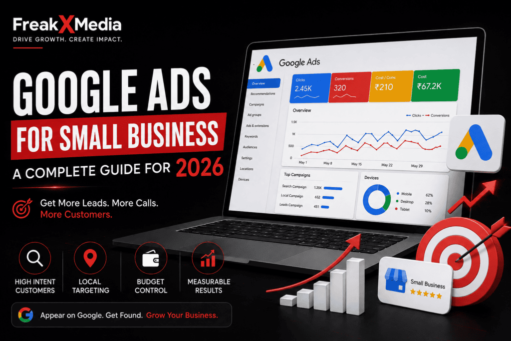 Google Ads for small business guide showing a search ad example on a laptop screen