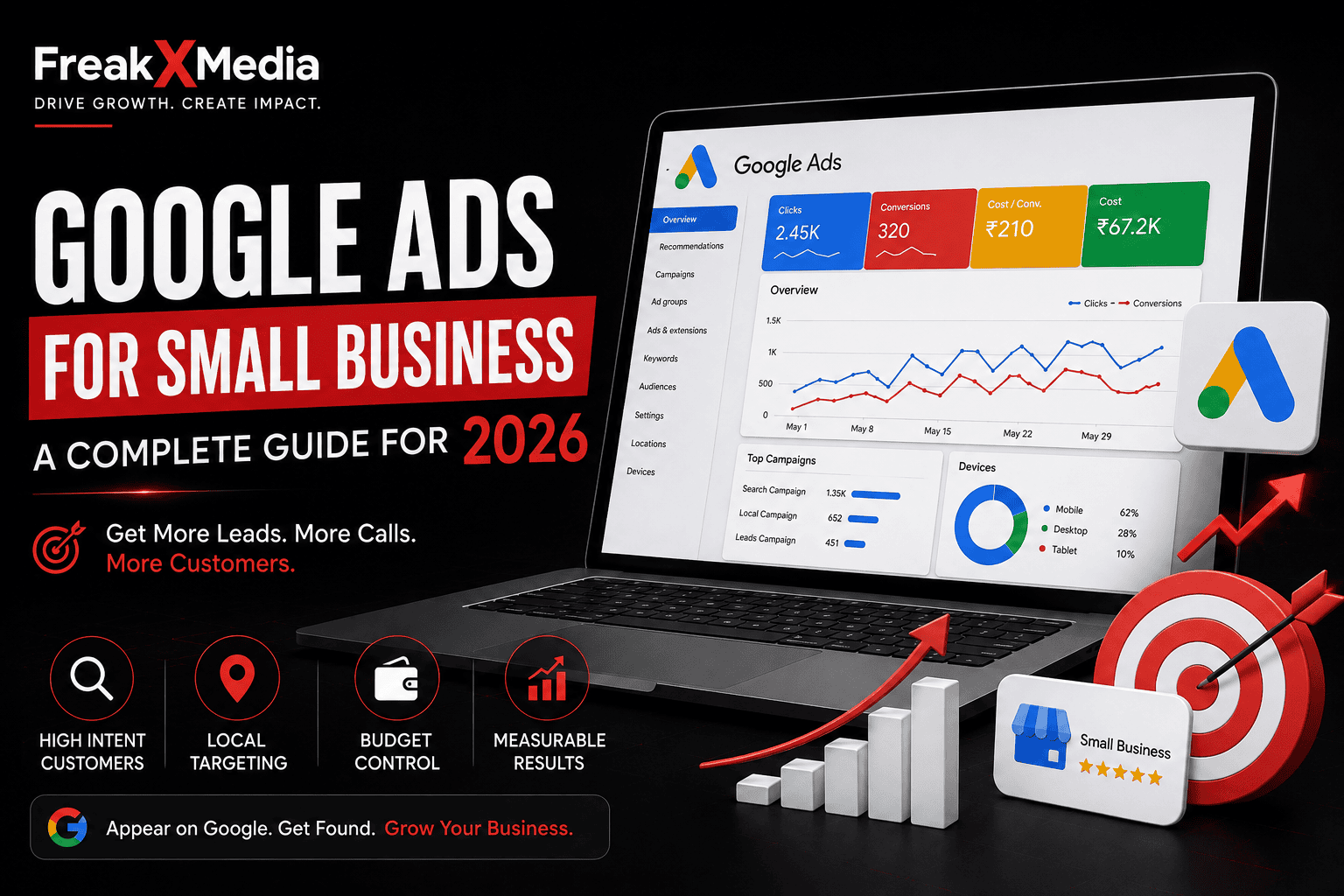 Google Ads for small business guide showing a search ad example on a laptop screen